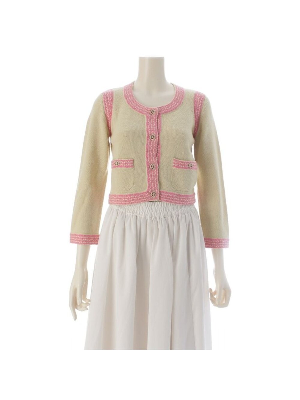 Chanel Cashmere Coco Buttons Collarless Cardigan Top Beige Pink 36